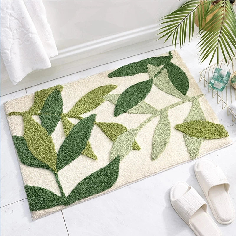 Rynx | Leaf Green Flocked Bath Mat Non-Slip Absorbent Microfiber Bathroom Rug Entrance Mat Super Soft Bath Rug Carpet