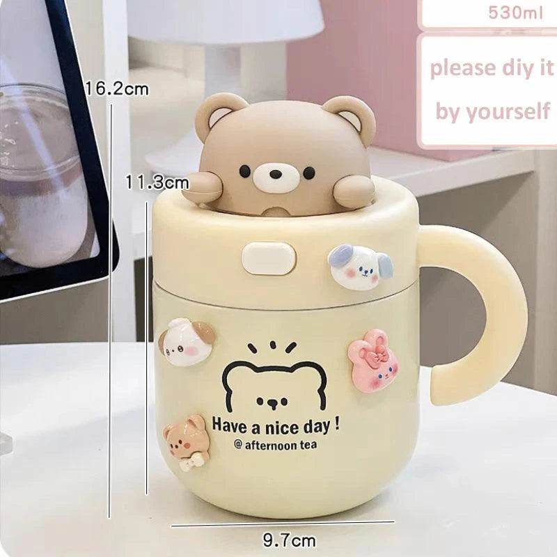 Lisslune | Shady Kawaii Bear Insulated Stainless Steel Travel Mug with Straw for All Your Drinks