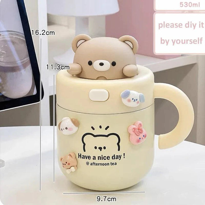 Lisslune | Shady Kawaii Bear Insulated Stainless Steel Travel Mug with Straw for All Your Drinks