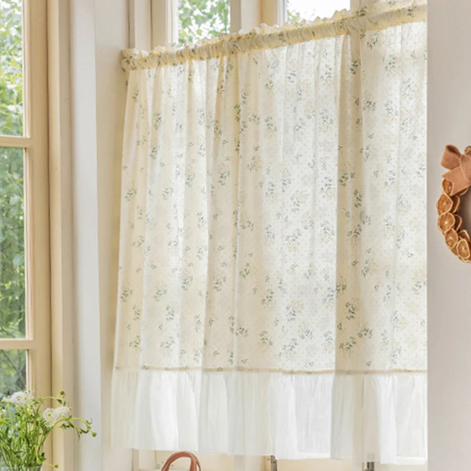 Rynx | French Chiffon Ruffled Scarf Short Curtain Pole-Passing Floral Half Curtain Kitchen Café Living Room Bay Window Cabinet Curtain