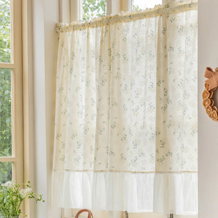 Rynx | French Chiffon Ruffled Scarf Short Curtain Pole-Passing Floral Half Curtain Kitchen Café Living Room Bay Window Cabinet Curtain