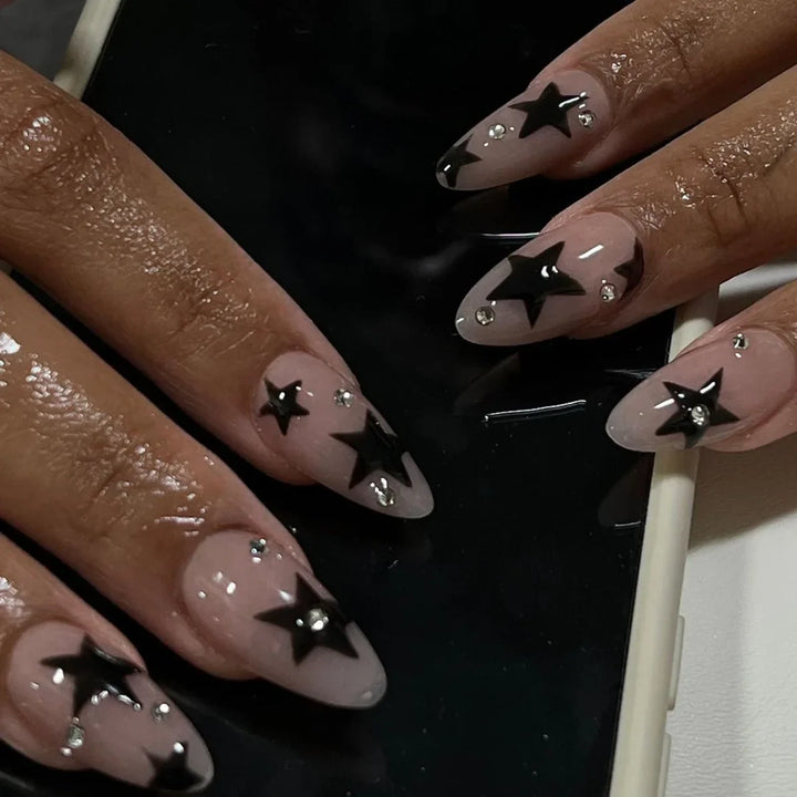 Rynx | Shiny Rhinestone White Stars French Nail Art Fashion Simple False Nails Removable Ready Artificial Nails Glue Nails with Glue