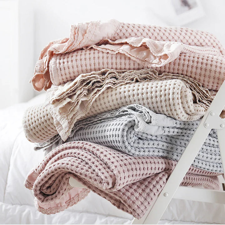 Rynx | 100% Cotton Soft Bed Plaid Home Japanese Knitted Blanket Corn Grain Waffle Texture Summer Ruffles Warm Plaid Throw Blanket