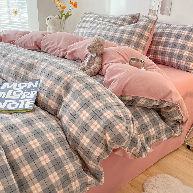 Rynx INS Checkered Bedding Set Pink Green Bedding Nordic Duvet Cover Pillowcase Queen Size Fitted Sheet Adult Children Bedding