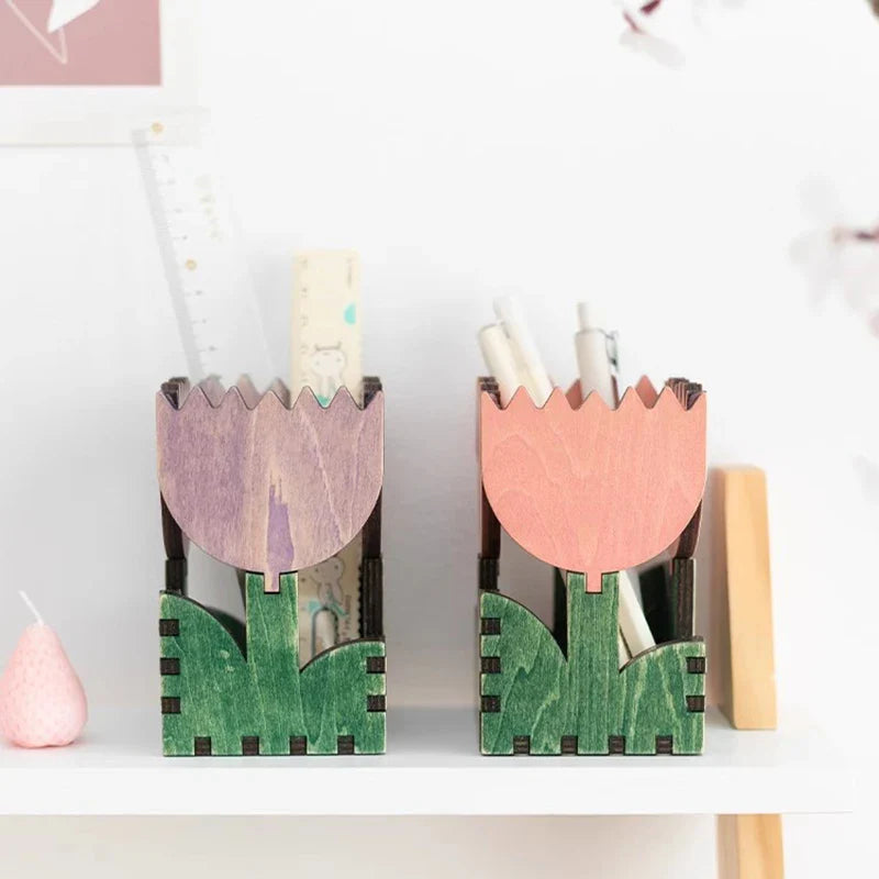 Rynx | Nordic Wood Tulip Pencil Holder Brush Storage Small Items Organizer Pen Organization Support Home Office Studio Desk Decor