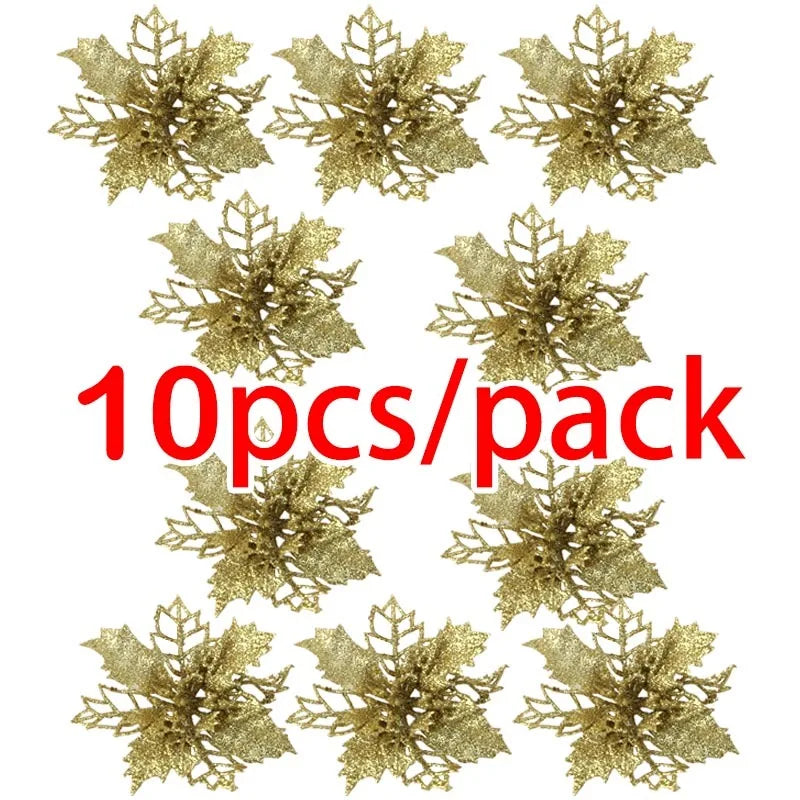 Rynx | (10 pieces) Artificial Christmas Tree Flowers Glitter Decorations Xmas Ornament New Year Gift