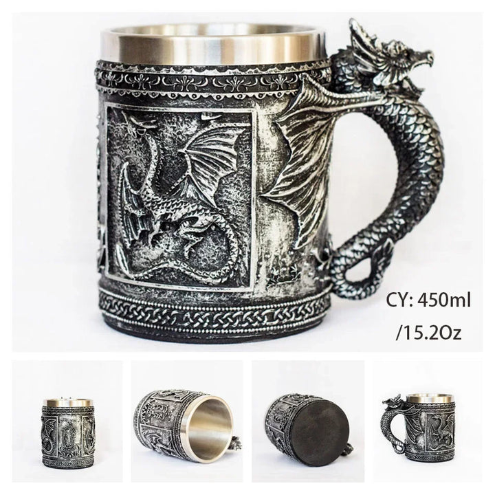 Lisslune | Medieval Dragon Resin Stainless Steel Mug as Coffee Mug or Tea Mug