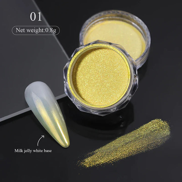 Rynx | Aurora Pearl White Nails Glitter Dust Chrome Gradient Rubbing on Powder Mirror Reflective Magnetic Pigment Nail Art Decorations