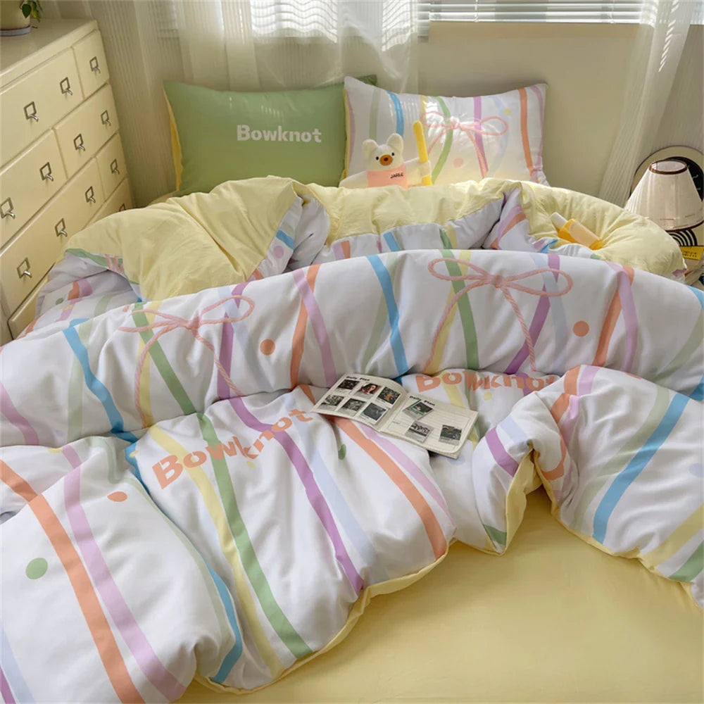Lisslune | INS Prinzessin Schleifen Bettwäsche Set Rosa Bettbezug Bettdeckenbezug Mädchen Bettwäsche Gewaschenes Baumwollbettzeug Weich Einzel Doppel