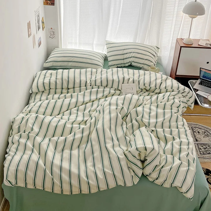 Rynx | Green Stripes Series Printed Soft Bedding Set Duvet Cover Bed Linen Bedspread Pillow Cases Twin Bed Sheets Comforter Sets for Girls