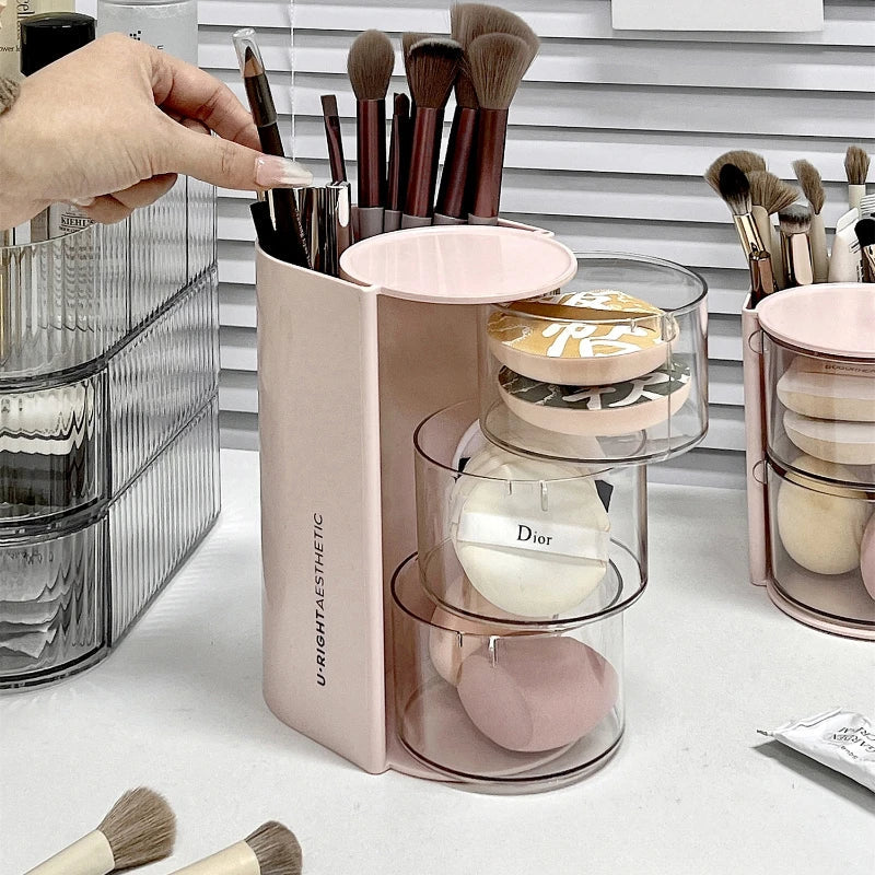 Rynx | Rotatable Powder Puff Storage Box Dustproof Desktop Beauty Egg Air Cushion Shelf Multilayer Lipstick Makeup Brush Storage Rack