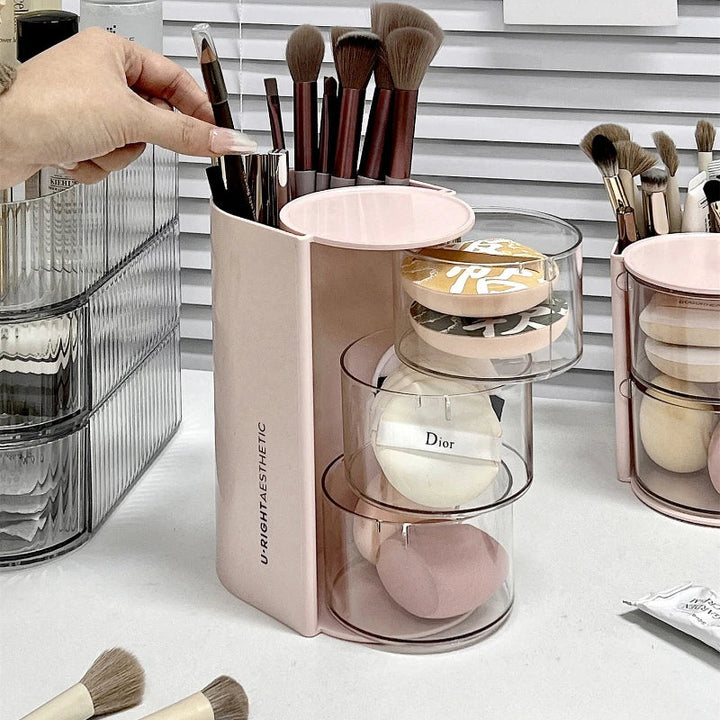 Rynx | Rotatable Powder Puff Storage Box Dustproof Desktop Beauty Egg Air Cushion Shelf Multilayer Lipstick Makeup Brush Storage Rack
