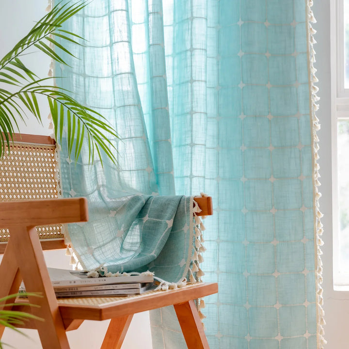 Rynx Cotton Linen Square Curtains Road Pocket Shade Curtain Tassel for Kitchen Bedroom Living Room Bay Window Cabinet Curtain