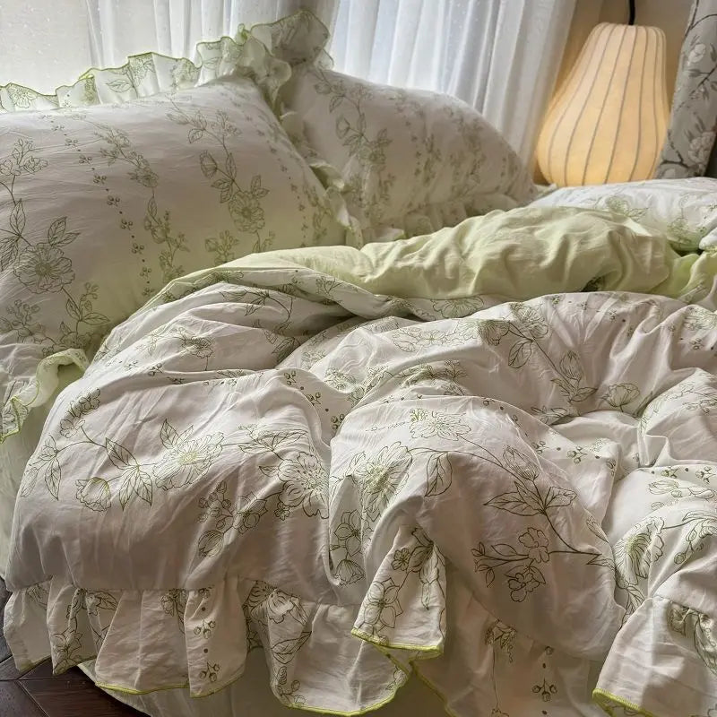 Rynx | Korean Princess Bedding Set Skin-friendly Washable Cotton Bedding Set of Four Pieces Lace Bedding Set Pillowcases Duvet Cover