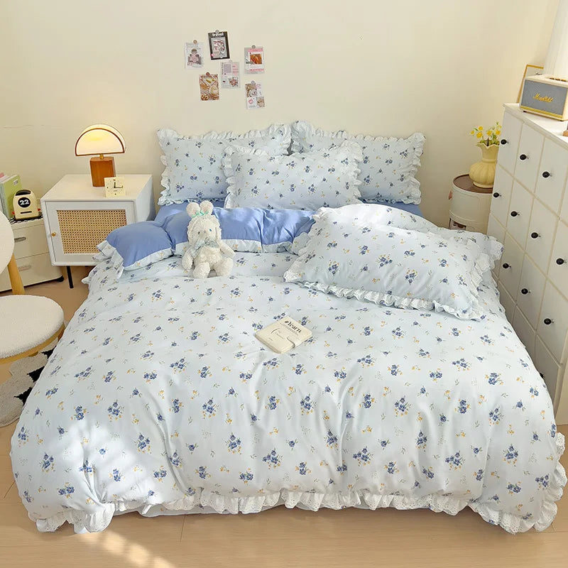 Rynx | In Style Floral Duvet Cover Set Flat Cover Pillowcases Without Filling Queen 200x230cm Romantic Girls Blue Bedding Flower Bedding