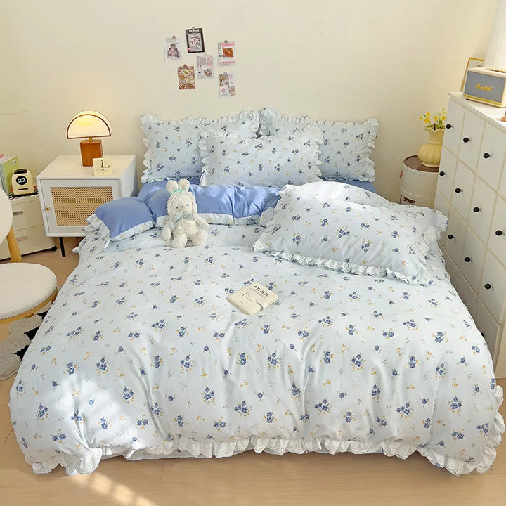 Rynx | In Style Floral Duvet Cover Set Flat Cover Pillowcases Without Filling Queen 200x230cm Romantic Girls Blue Bedding Flower Bedding