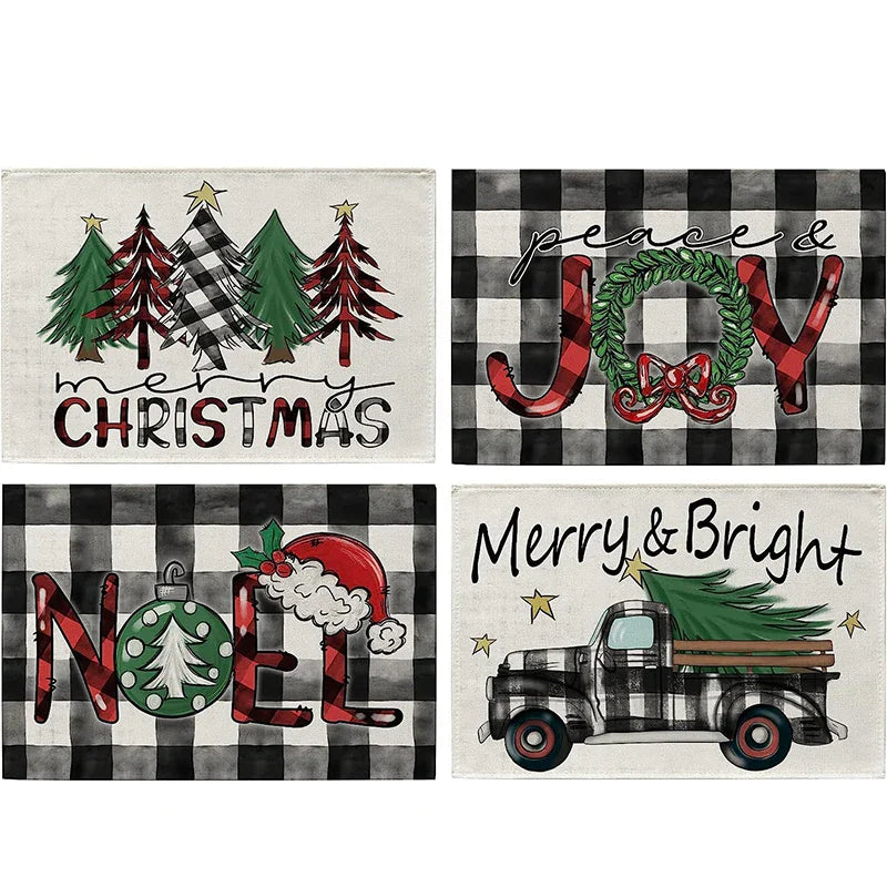 Rynx 4Pc Christmas Tree Moose Placemat Linen Dining Table Mats Coaster Bowl Coffee Mug Pad Mat 2024 Christmas Home Kitchen Decoration