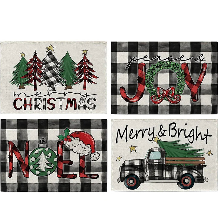 Rynx 4Pc Christmas Tree Moose Placemat Linen Dining Table Mats Coaster Bowl Coffee Mug Pad Mat 2024 Christmas Home Kitchen Decoration