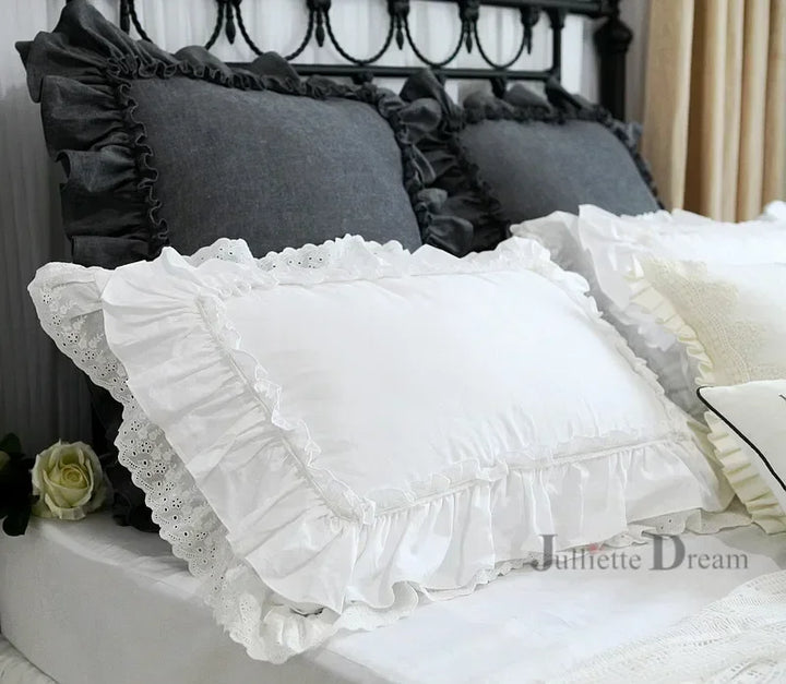 Rynx 1 Piece Princess Pure White Double Layer Lace Ruffle Cotton Wedding Pure Cotton Bedding Pillowcase Pillow Cover Autumn Decoration