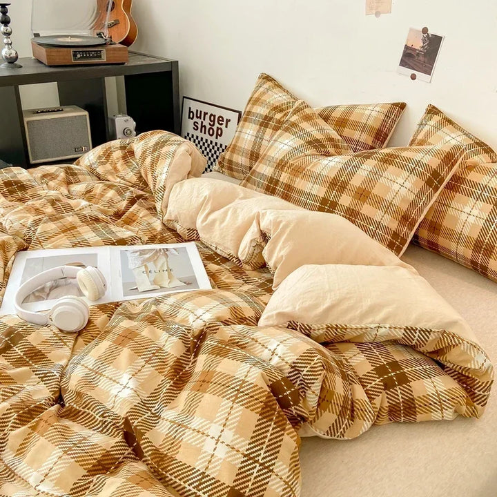 Rynx Japanese Style Check Queen Duvet Cover Set 1/3 Pieces Soft Washed Duvet and Pillowcase or just Duvet Covers Skin-Friendly