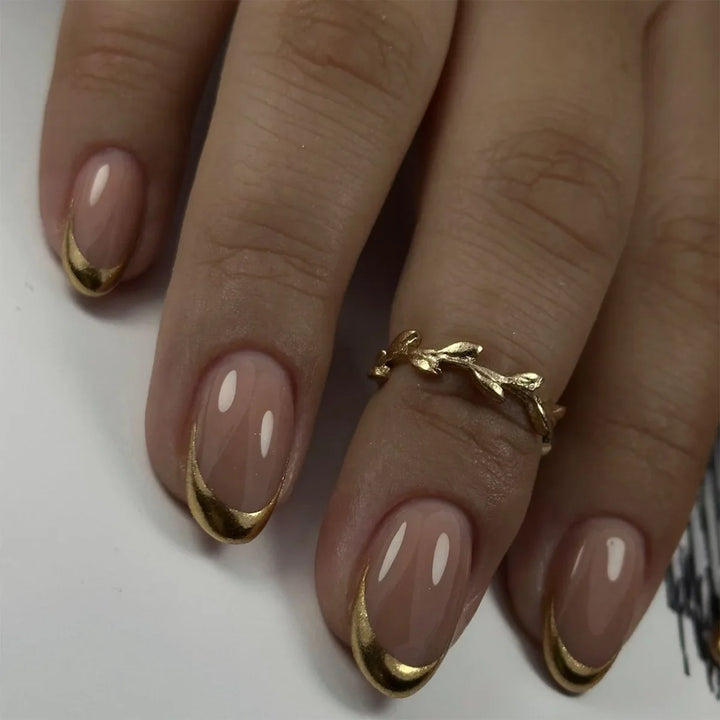Rynx | Gold Metal French Nude Pink Nail Art Glitter Powder Fashion Artificial Nails Removable Pre-made Artificial Nails Press on Nails with Glue
