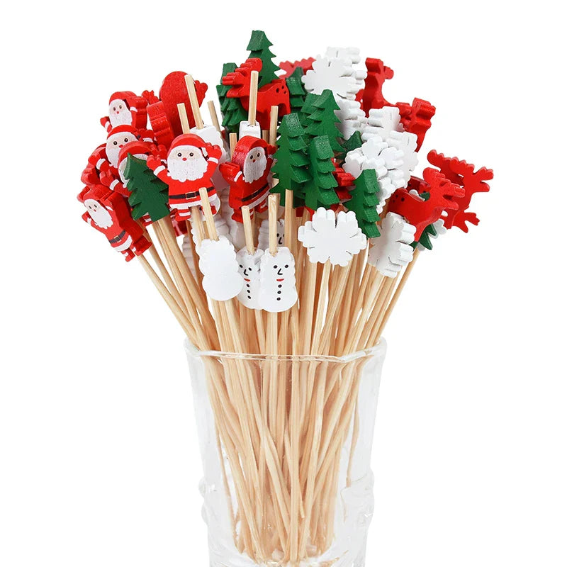 Rynx 50/100pcs Christmas buffet fruit food skewers cocktail picks cupcake toppers 2024 Christmas party decoration supplies New Year 2025
