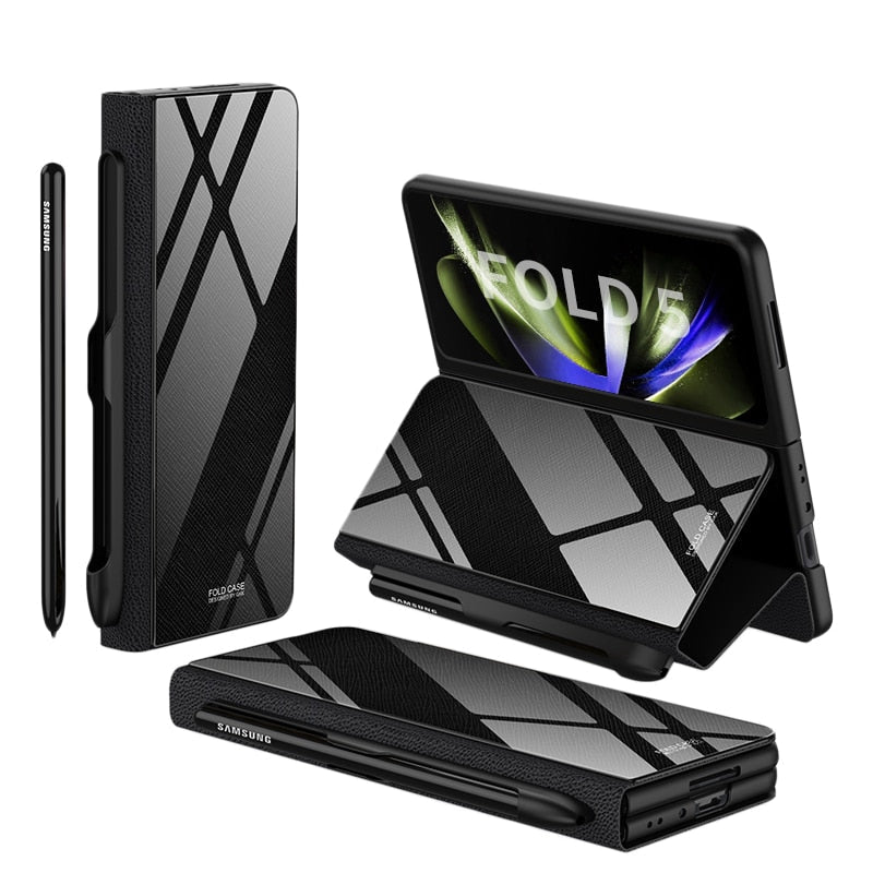 Lisslune | Shockproof Armor Case Glass Cover Stand Insert Card Leather Case for Samsung Galaxy Z Fold 5/4