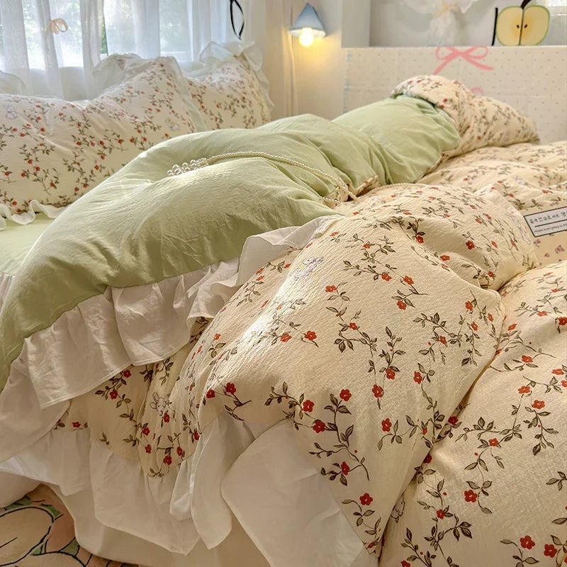 Rynx | Korean Style Flower Bedding Set 2024 New Washed Cotton 4-piece Bed Sheet Set Duvet Cover Set for Girls Bedding Decor Home