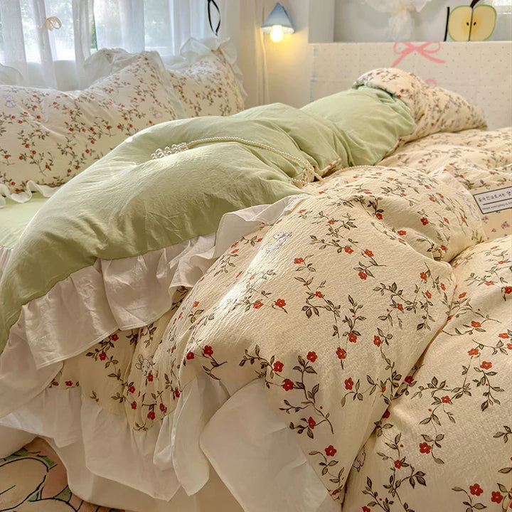 Rynx | Korean Style Flower Bedding Set 2024 New Washed Cotton 4-piece Bed Sheet Set Duvet Cover Set for Girls Bedding Decor Home