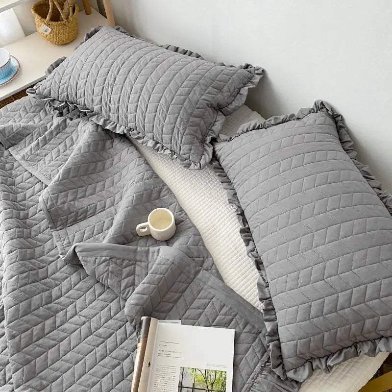 Rynx Ruffled Quilted Breathable Summer Blanket Set Princess Climate Blanket Soft Washable Thin Comfort Blanket Set or Single Blanket