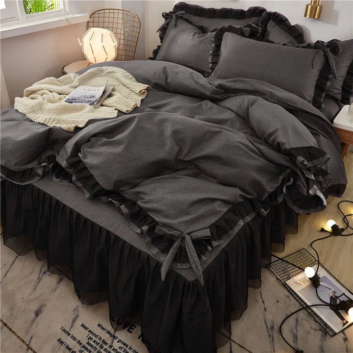 Rynx | Luxury Black Princess Bedding Sets Kawaii Bedskirt Sheets Pillowcase Fashion Girls Duvet Cover 4 Pieces Home Decor