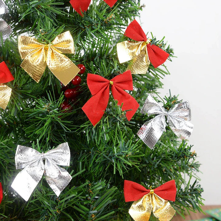 Rynx 12/24pcs Christmas Bow Red Gold Mini Christmas Tree Ribbons Charms Ornaments for Christmas Decoration New Year Party DIY Gifts