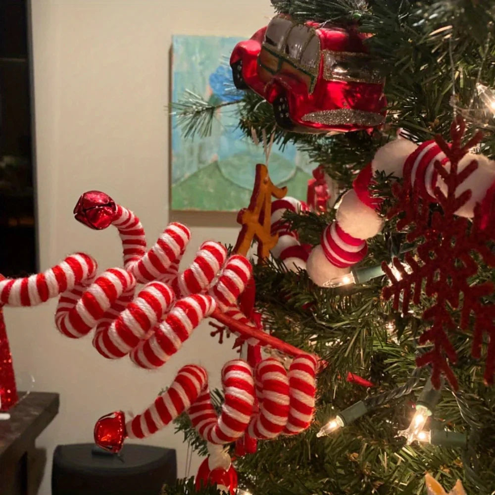 Rynx 4-piece Christmas Tree Candy Cane Picks - Festive Woolen Candy Rolls Decorations for Christmas, New Year & Winter Holidays