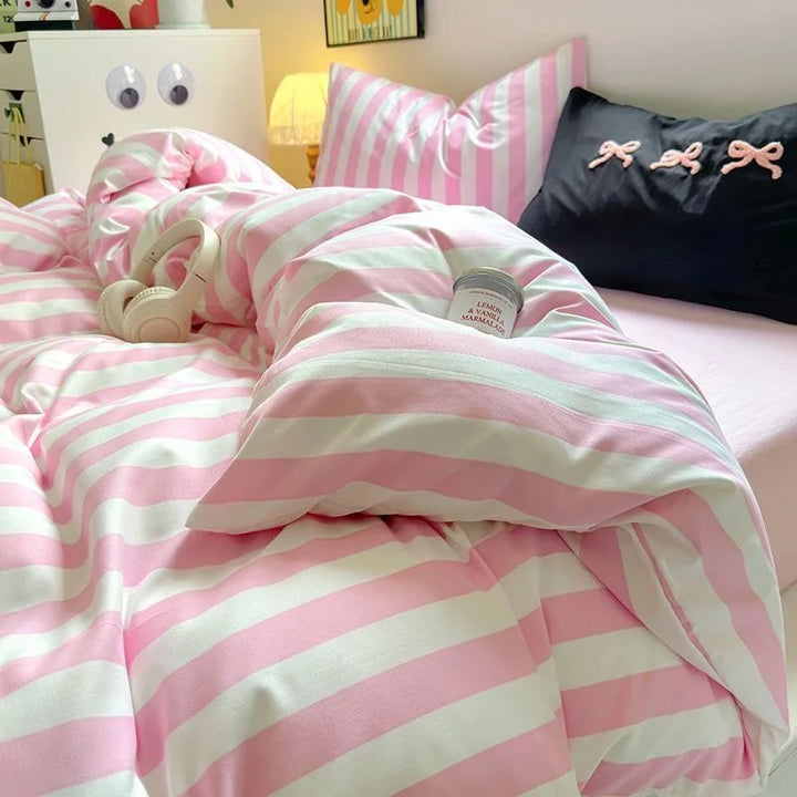 Rynx | Korean Bedding Set INS Girls Striped Soft Washed Cotton Bed Sheet Set Queen King Size Duvet Set Pillowcases Bed Linen