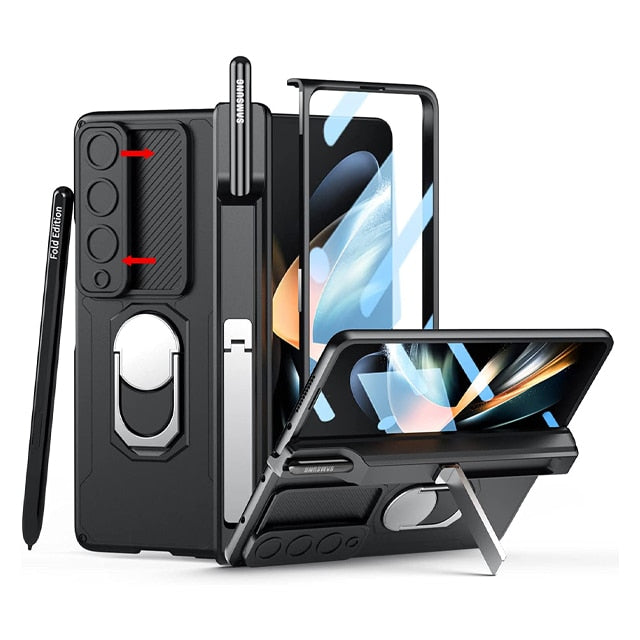 Lisslune | Luxury Case with S Pen Holder and Hinge Screen Protection Ring Stand Case for Samsung Galaxy Z Fold 5 Z Fold 4
