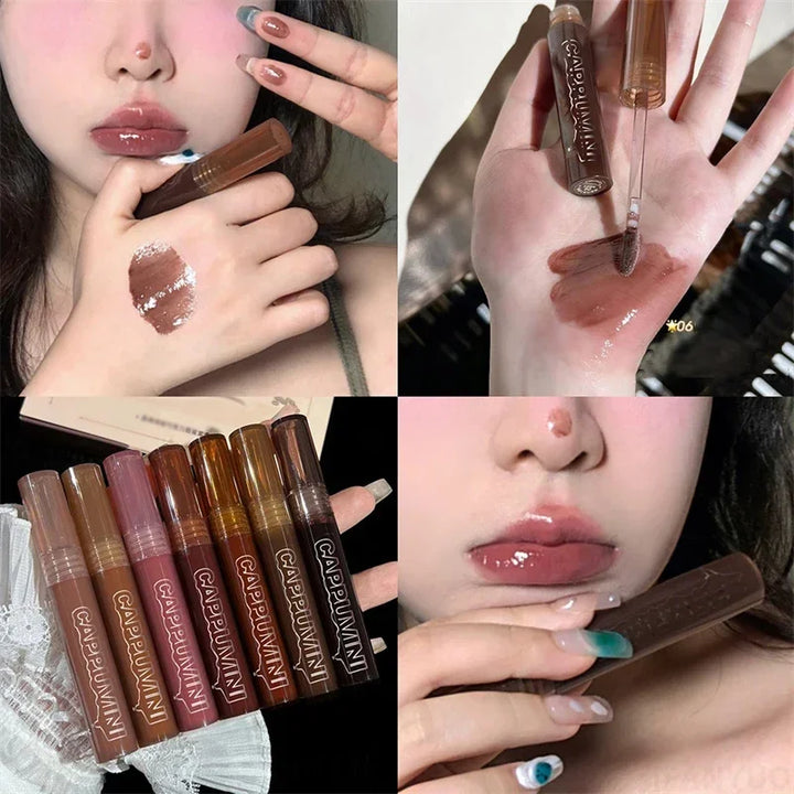 Rynx | Chocolate lip gloss long-lasting moisturizing dark brown lip lacquer transparent glass mirror water liquid lipstick clear makeup