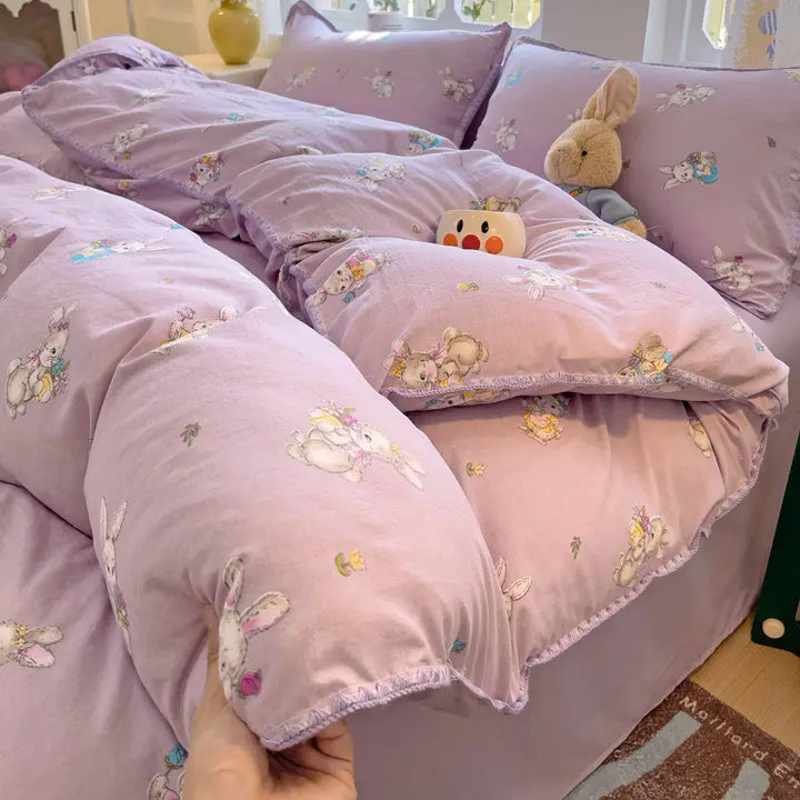 Rynx | In the Bedding Set Purple Love Stripes Double Layer Yarn Four-Piece Dorm Girl Heart Bed Sheet and Quilt Set Washed Cotton