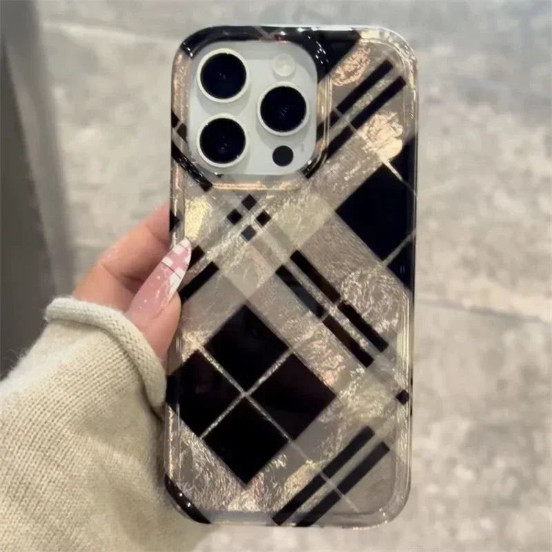 Lisslune | Für iPhone 16 Pro Max Hülle Retro Schwarz Gold Diamantgitter Muster Hülle Für iPhone Hülle 16 15 14 13 12 11 XR XS Max 7 8 Plus Cover