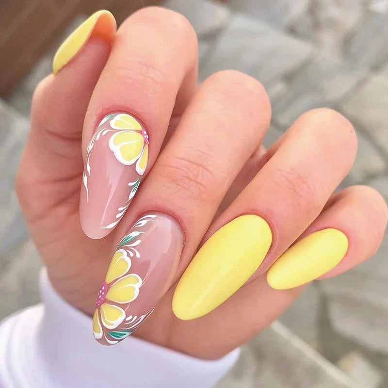 Rynx | Yellow Small Flower Pearl Cute Almond Shape False Nails Simple French Removable Ready Artificial Nails for Stick-On with Glue