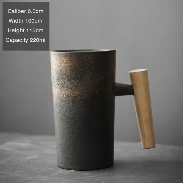 Lisslune | Vintage Coffee Mug with Wooden Handle Made of Stoneware