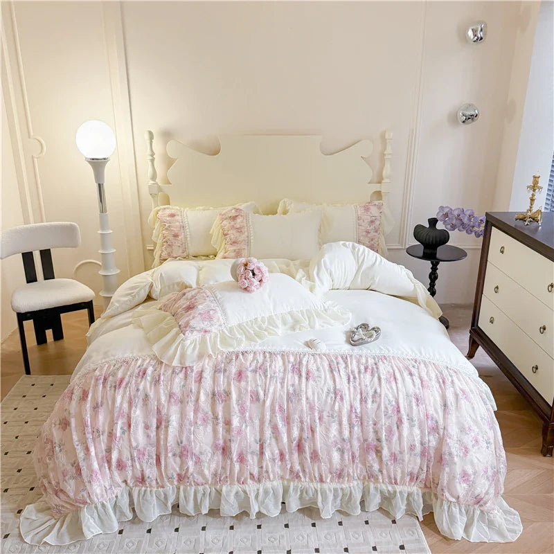 Rynx | Flower Lace Ruffle Princess Wedding Bedding Set Full Queen King Duvet Cover Bed Skirt/Bed Sheet/Fitted Sheet Pillowcases 4 Pieces