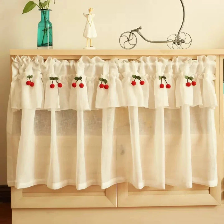 Rynx | Korean Style Fresh Linen Short Curtain for Kitchen Small Windows Half Curtain Cherry Decorative Curtain Tulle Door Curtain Drapery
