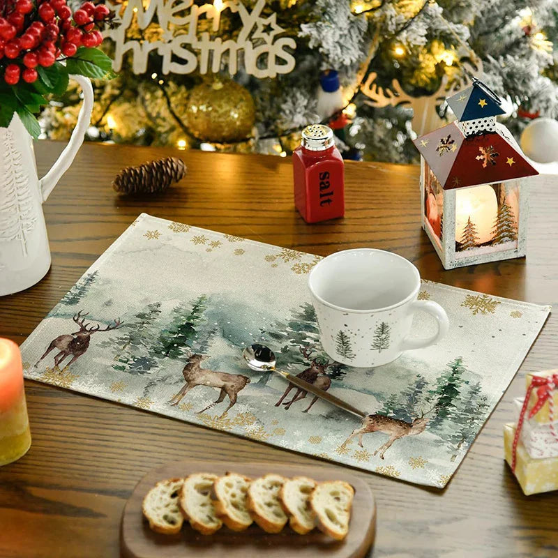 Rynx 4Pc Christmas Tree Moose Placemat Linen Dining Table Mats Coaster Bowl Coffee Mug Pad Mat 2024 Christmas Home Kitchen Decoration