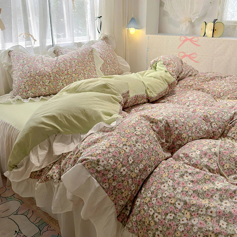 Rynx | Korean Style Flower Bedding Set 2024 New Washed Cotton 4-piece Bed Sheet Set Duvet Cover Set for Girls Bedding Decor Home