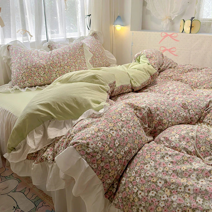 Rynx | Korean Style Flower Bedding Set 2024 New Washed Cotton 4-piece Bed Sheet Set Duvet Cover Set for Girls Bedding Decor Home