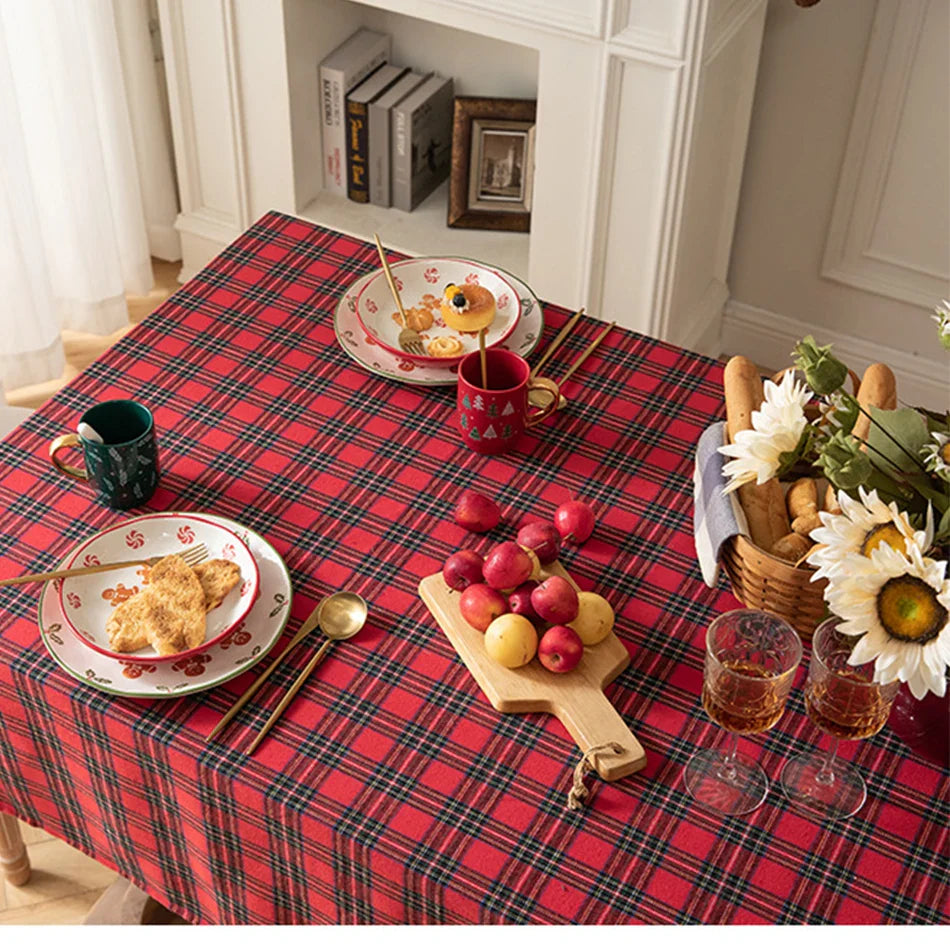 Rynx Christmas Grid Tablecloth with Fringes Rectangular Polyester Cotton Dustproof Table Surface Cover, for Home Celebration Birthday Decor