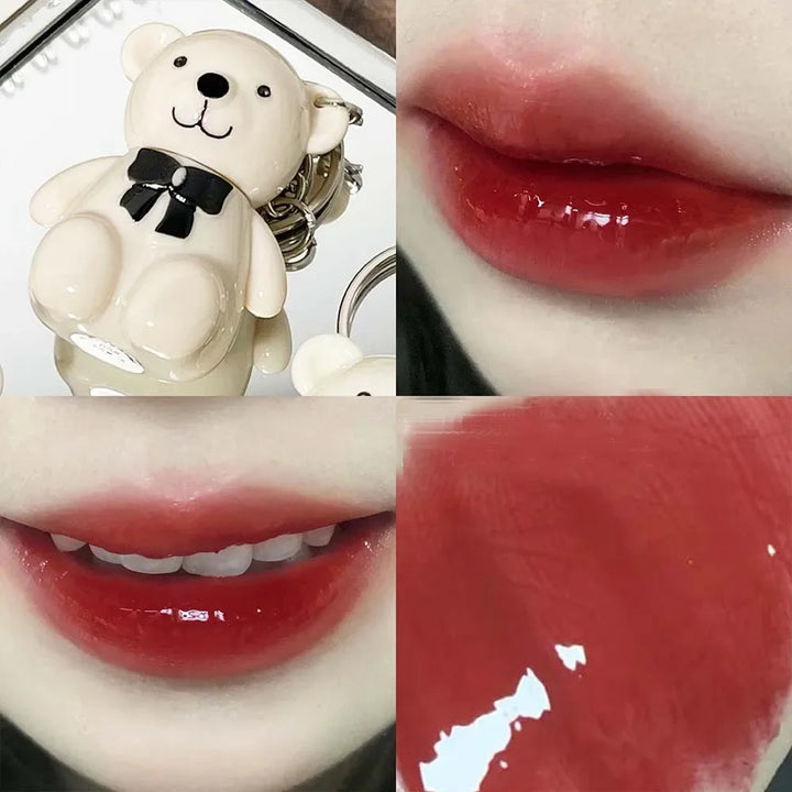Rynx | Cute White Bear Keychain Glass Mirror Lipstick 6 Colors Sexy Jelly Red Liquid Lipsticks Waterproof Long-lasting Lip Lacquer Cosmetics