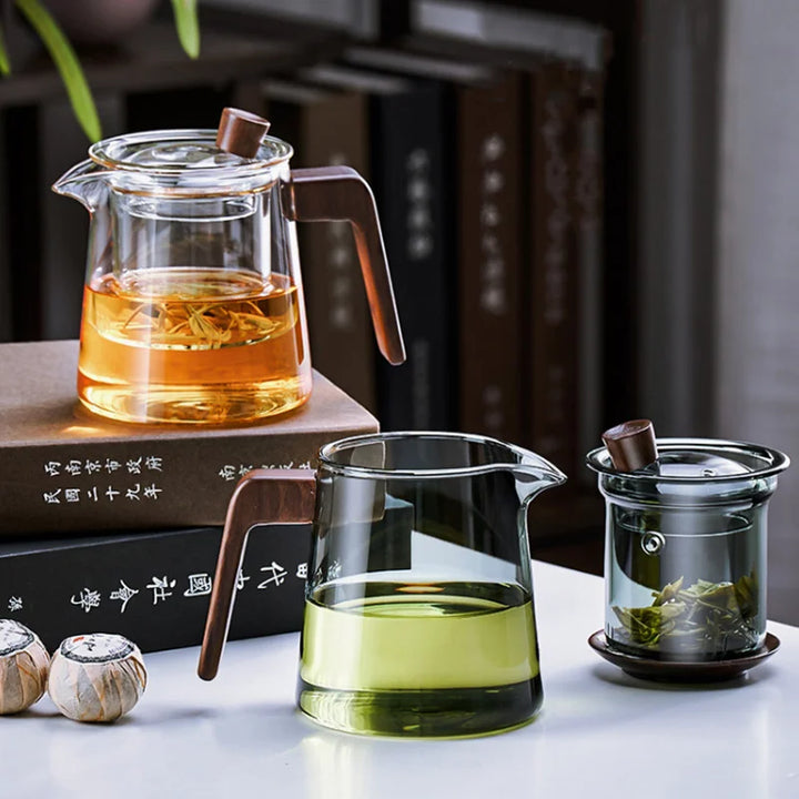 Lisslune | GIANXI Retro Glass Teapot Wood Handle Chinese Tea Ceremony Transparent Teawear Set Cup Filter High Boron Silicon Pot  530ML