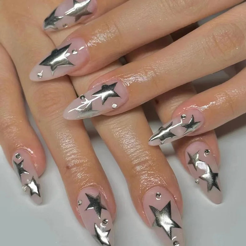 Rynx | Shiny Rhinestone White Stars French Nail Art Fashion Simple False Nails Removable Ready Artificial Nails Glue Nails with Glue