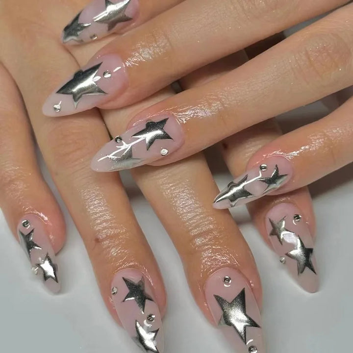Rynx | Shiny Rhinestone White Stars French Nail Art Fashion Simple False Nails Removable Ready Artificial Nails Glue Nails with Glue